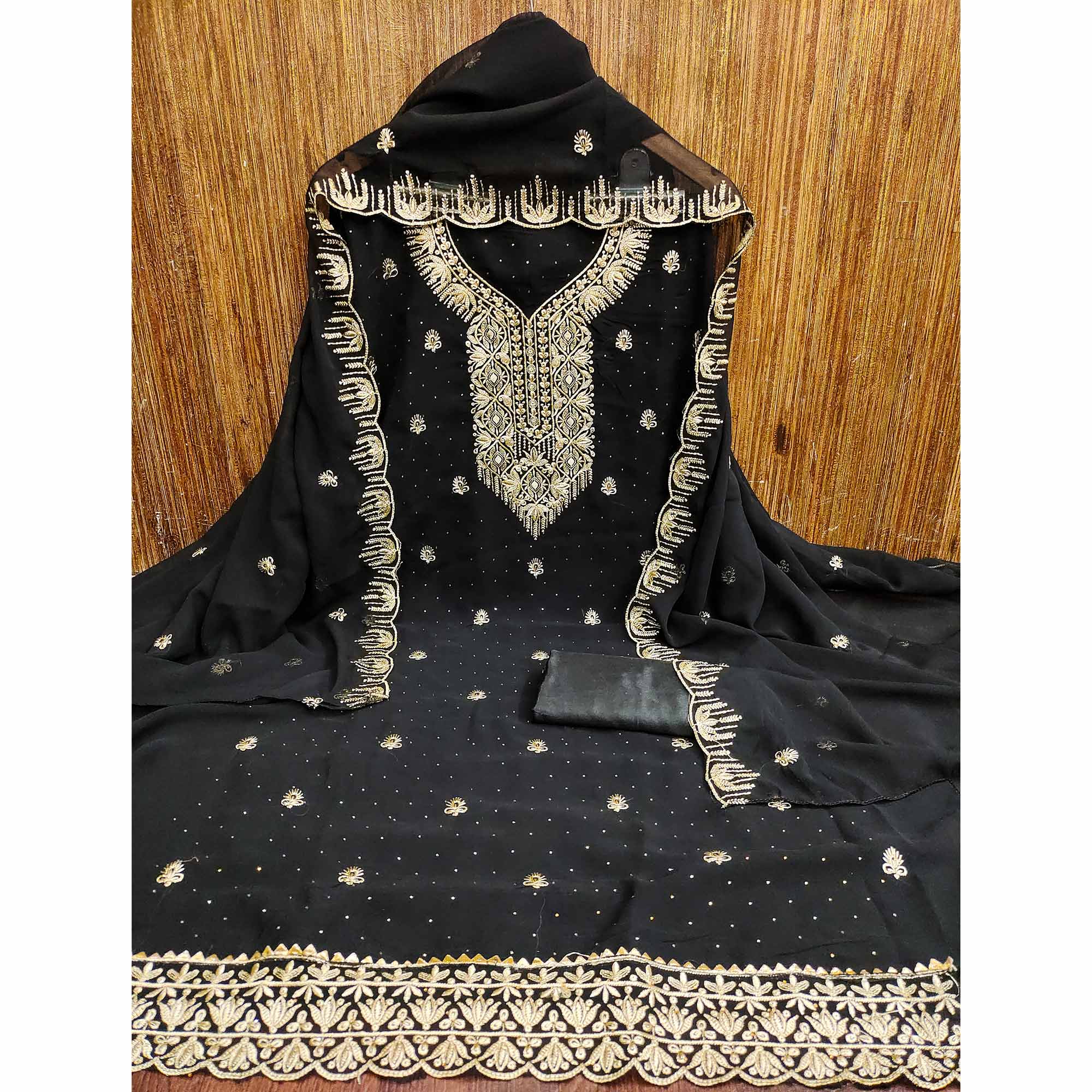 Black Floral Embroidered With Stonework Georgette Dress Material