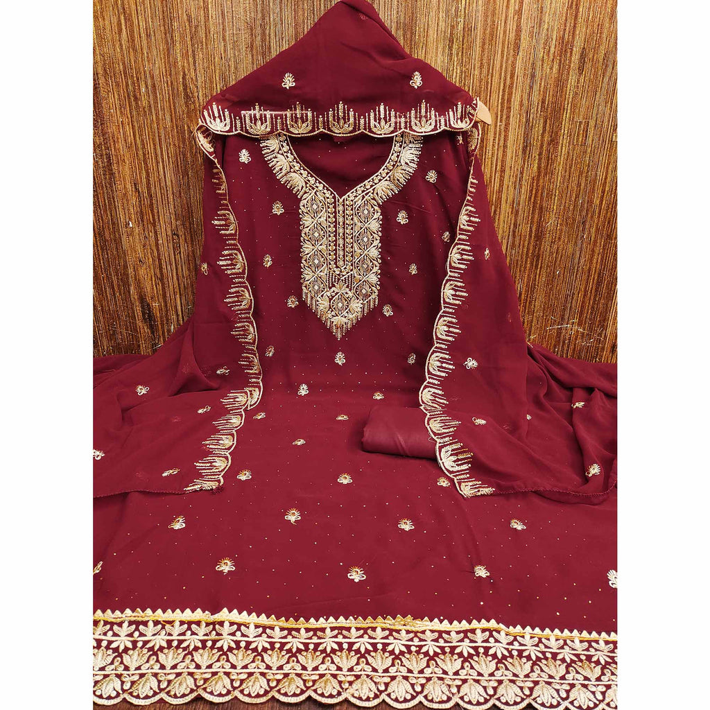 Maroon Floral Embroidered With Stonework Georgette Dress Material