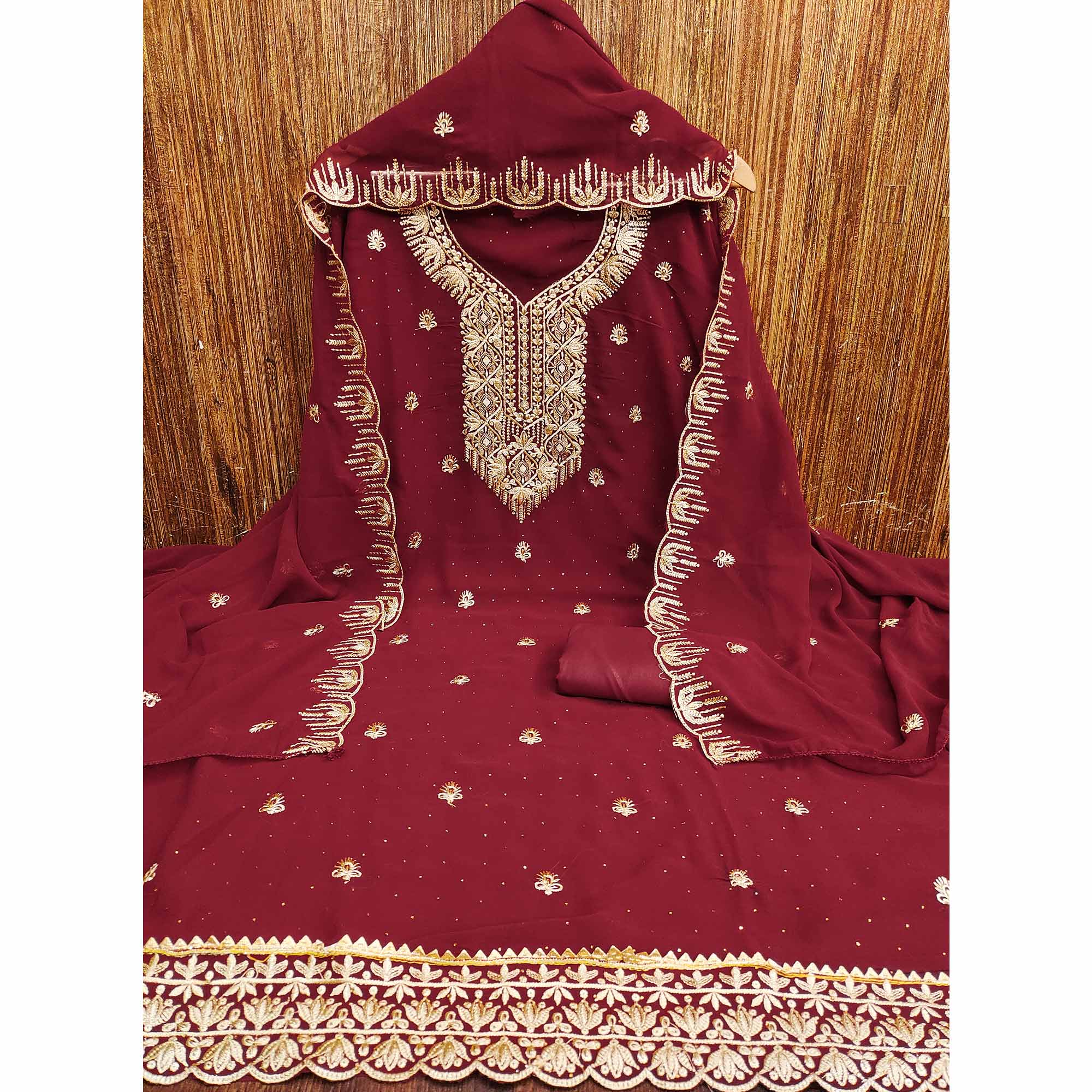 Maroon Floral Embroidered With Stonework Georgette Dress Material