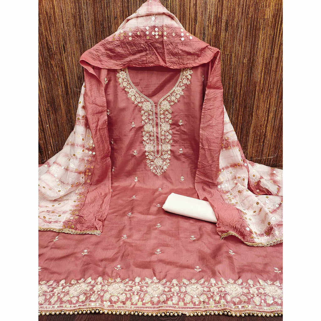 Peach Floral Sequins Embroidered Art Silk Dress Material