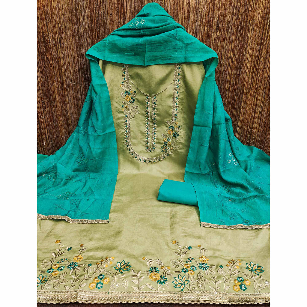 Green Floral Sequins Embroidered Art Silk Dress Material