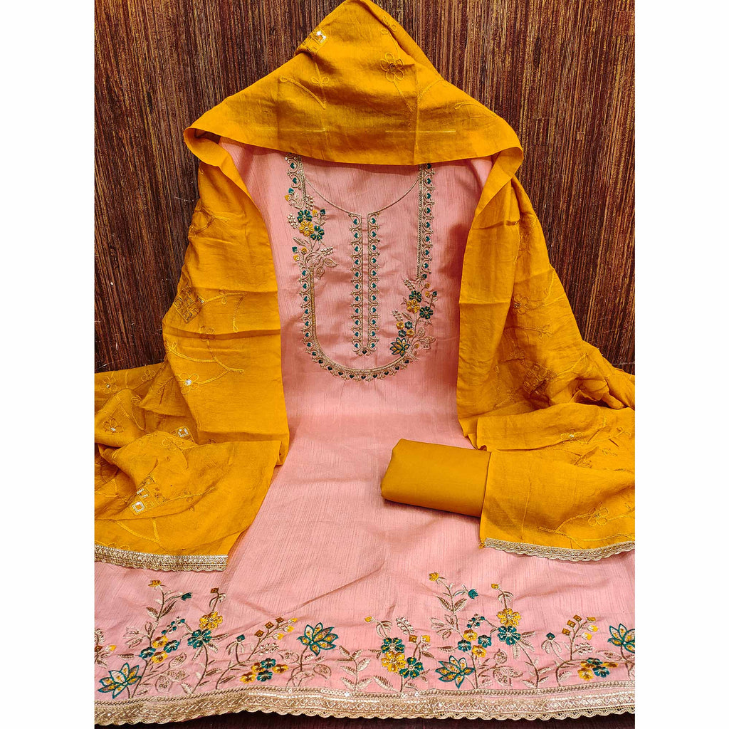 Peach Floral Sequins Embroidered Art Silk Dress Material