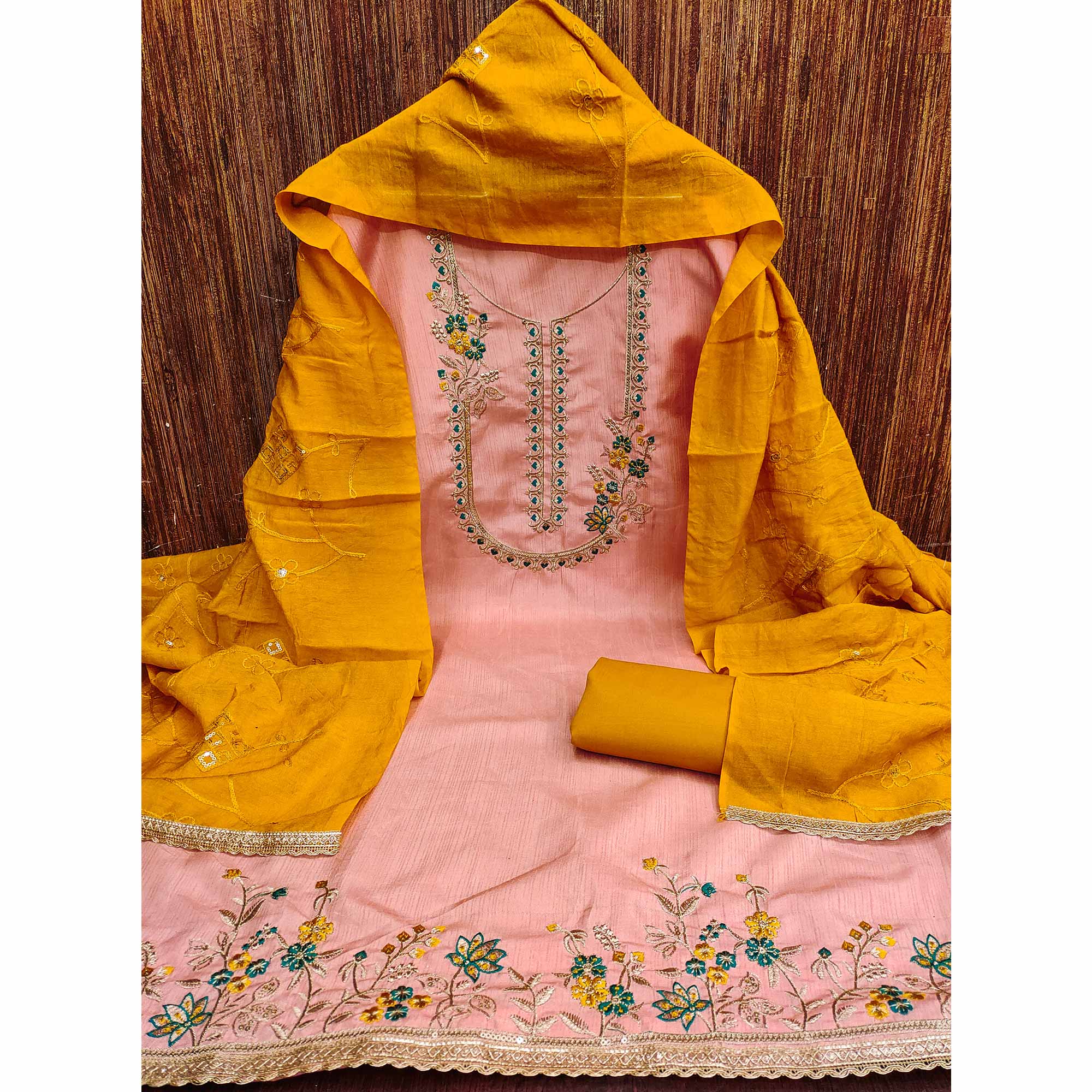 Peach Floral Sequins Embroidered Art Silk Dress Material