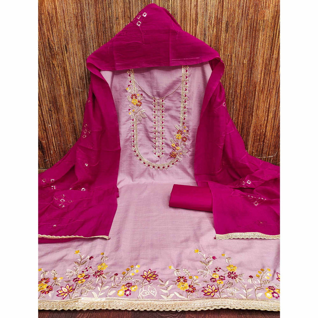 Pink Floral Sequins Embroidered Art Silk Dress Material