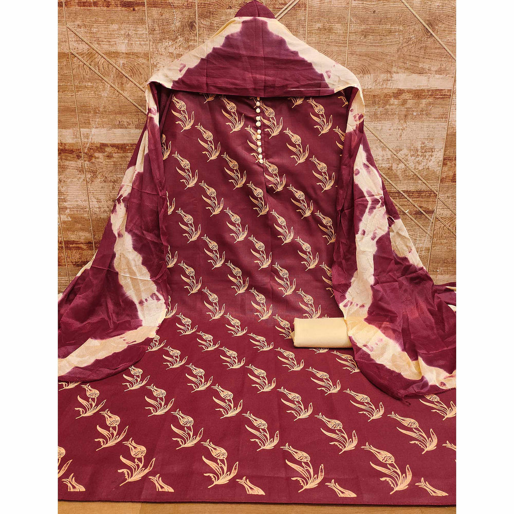 Maroon Floral Printed Slub Cotton Dress Material
