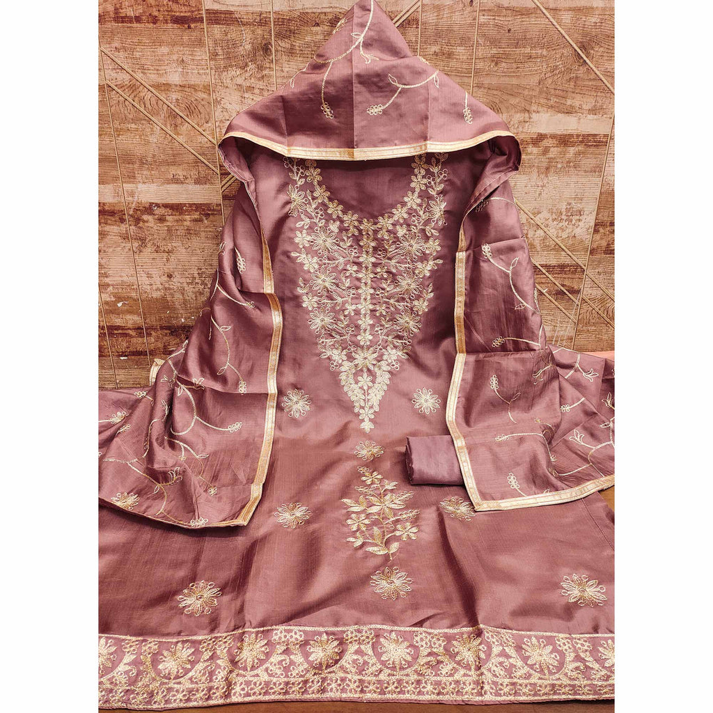 Dusty Rose Pink Floral Embroidered Art Silk Dress Material