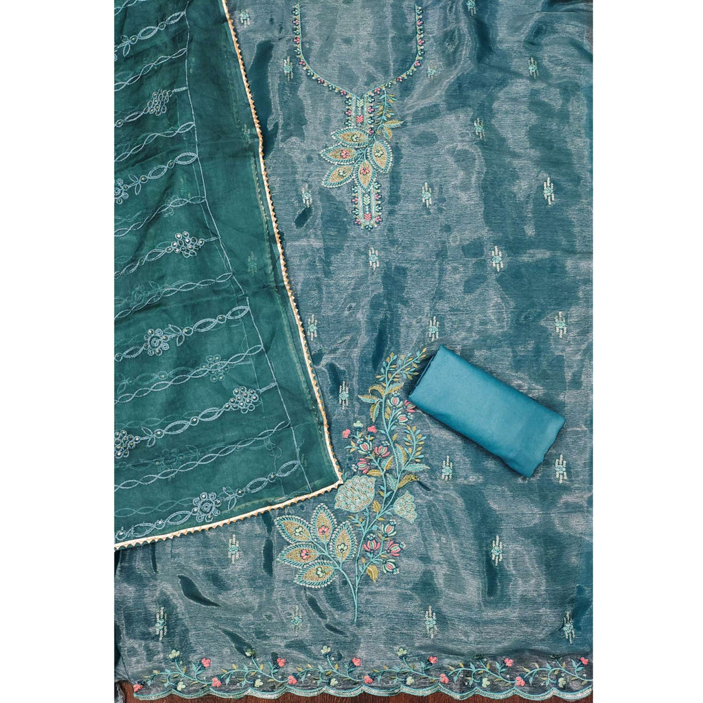 Blue Floral Sequins Embroidered Banarasi Silk Dress Material