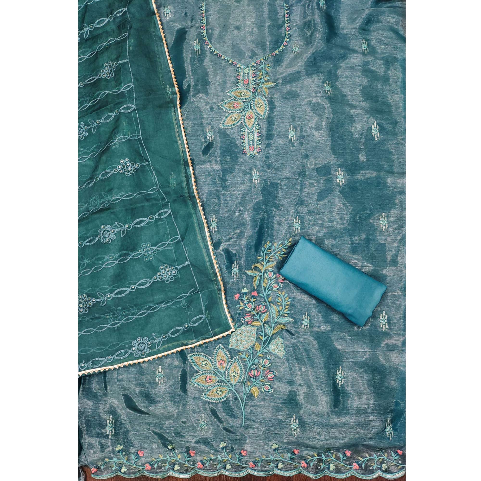 Blue Floral Sequins Embroidered Banarasi Silk Dress Material