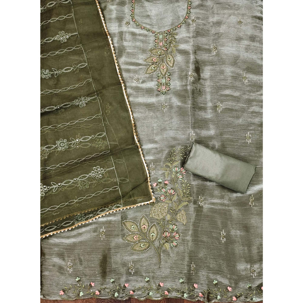 Green Floral Sequins Embroidered Banarasi Silk Dress Material