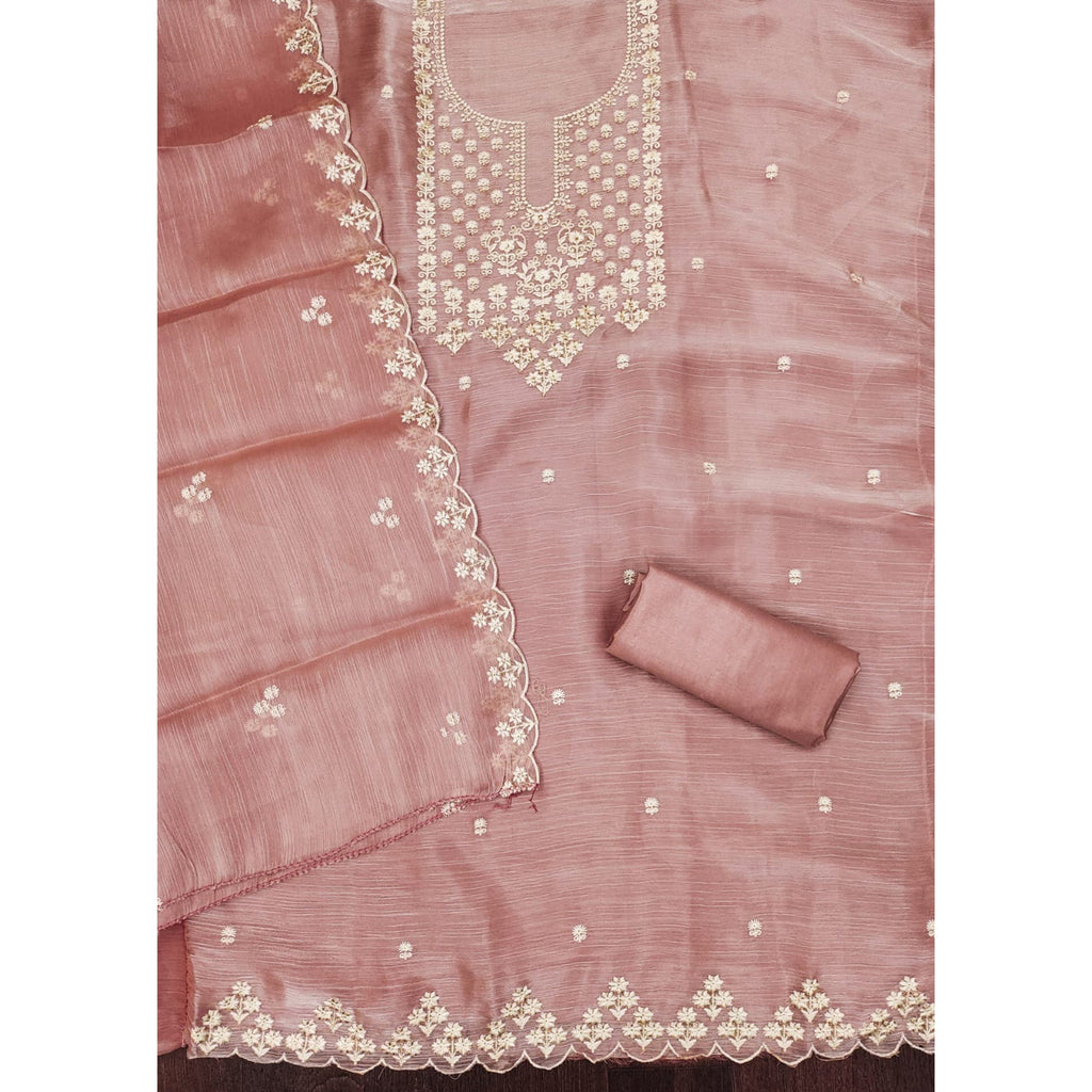 Dusty Rose Pink Floral Embroidered Burberry Zoya Silk Dress Material