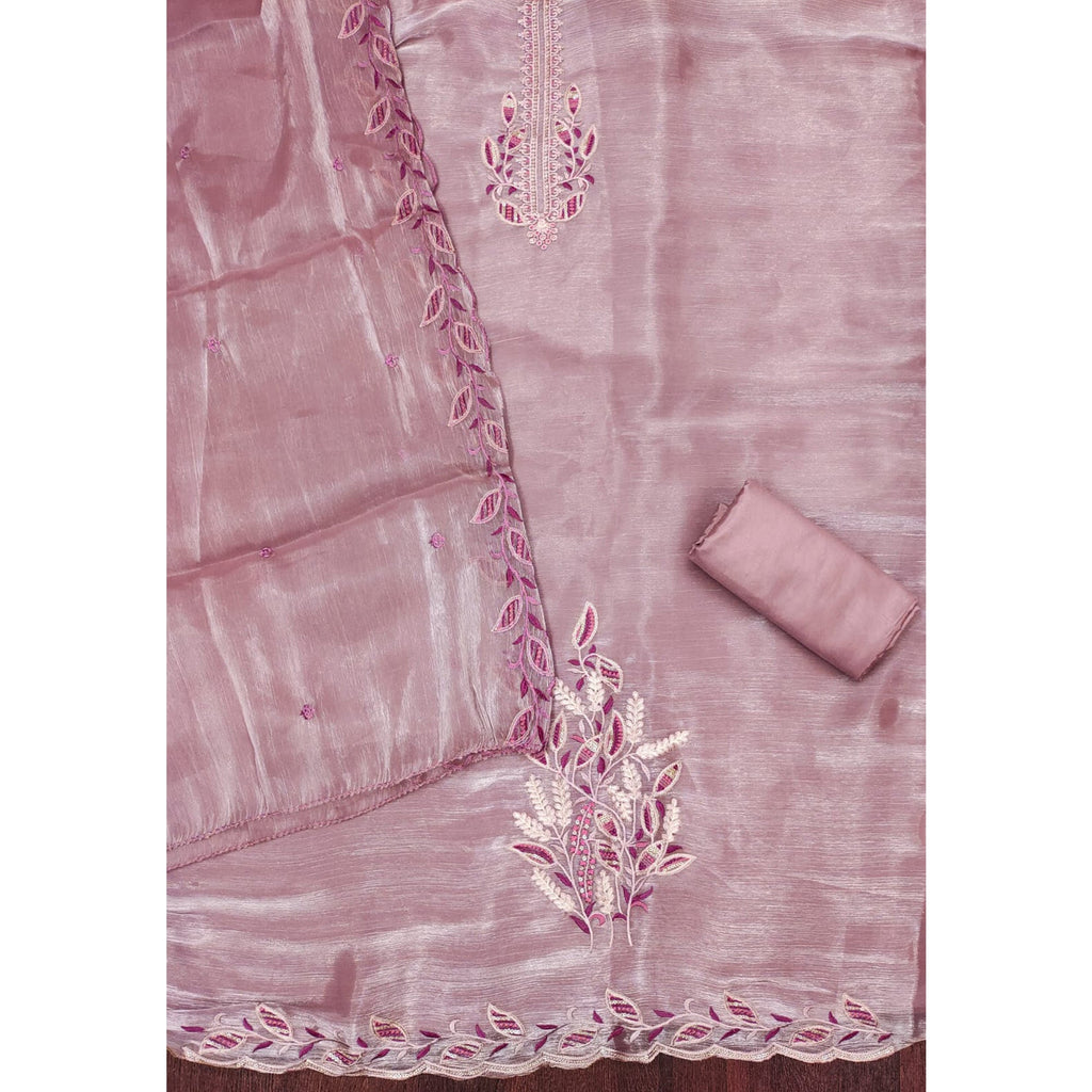 Onion Pink Floral Sequins Embroidered Burberry Zoya Silk Dress Material