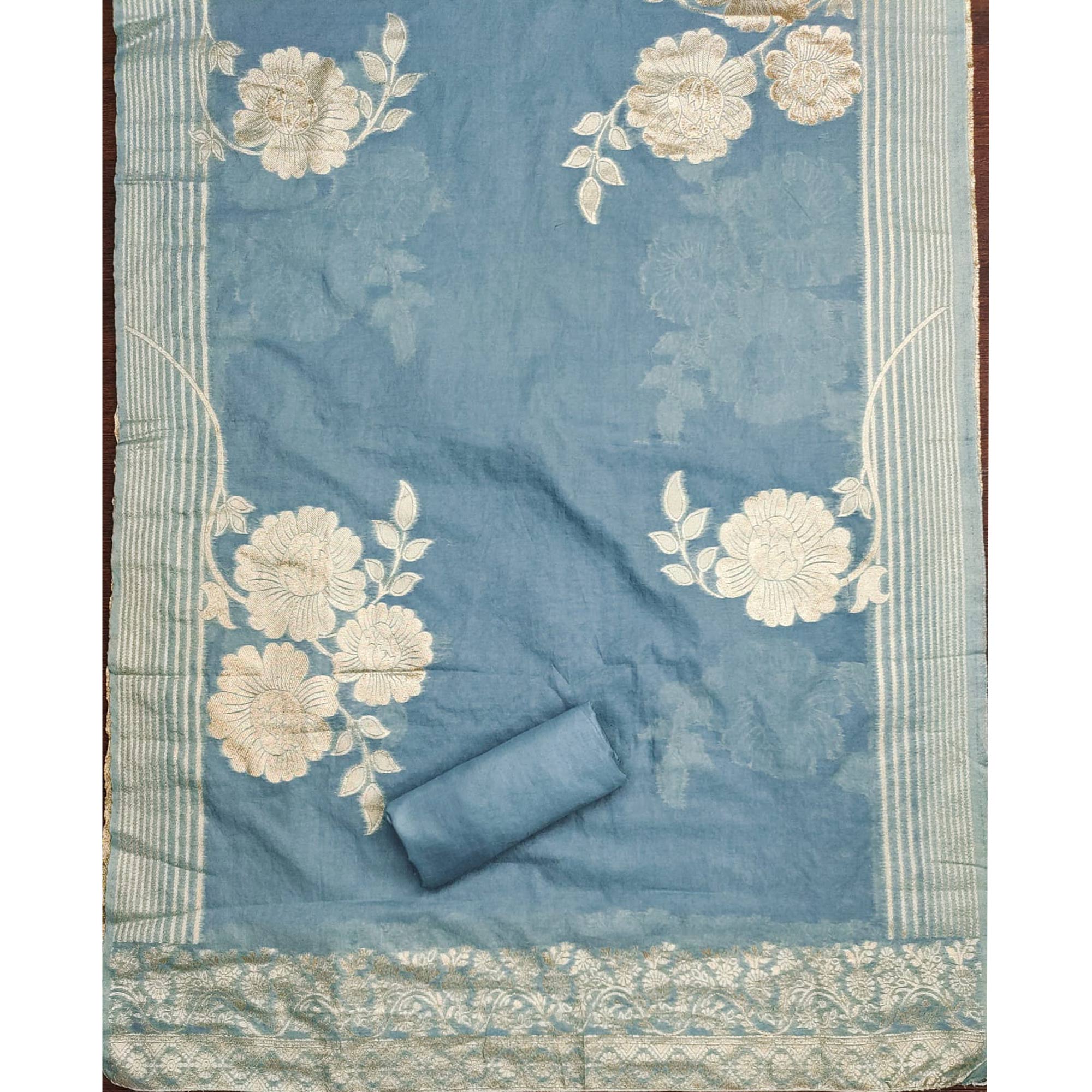 Blue Floral Embroidered Chinon Silk Dress Material