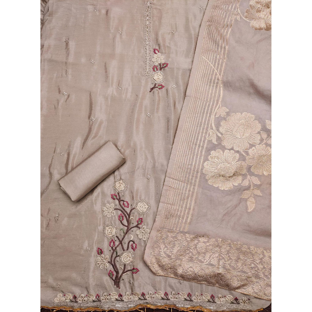 Chikoo Floral Embroidered Chinon Silk Dress Material