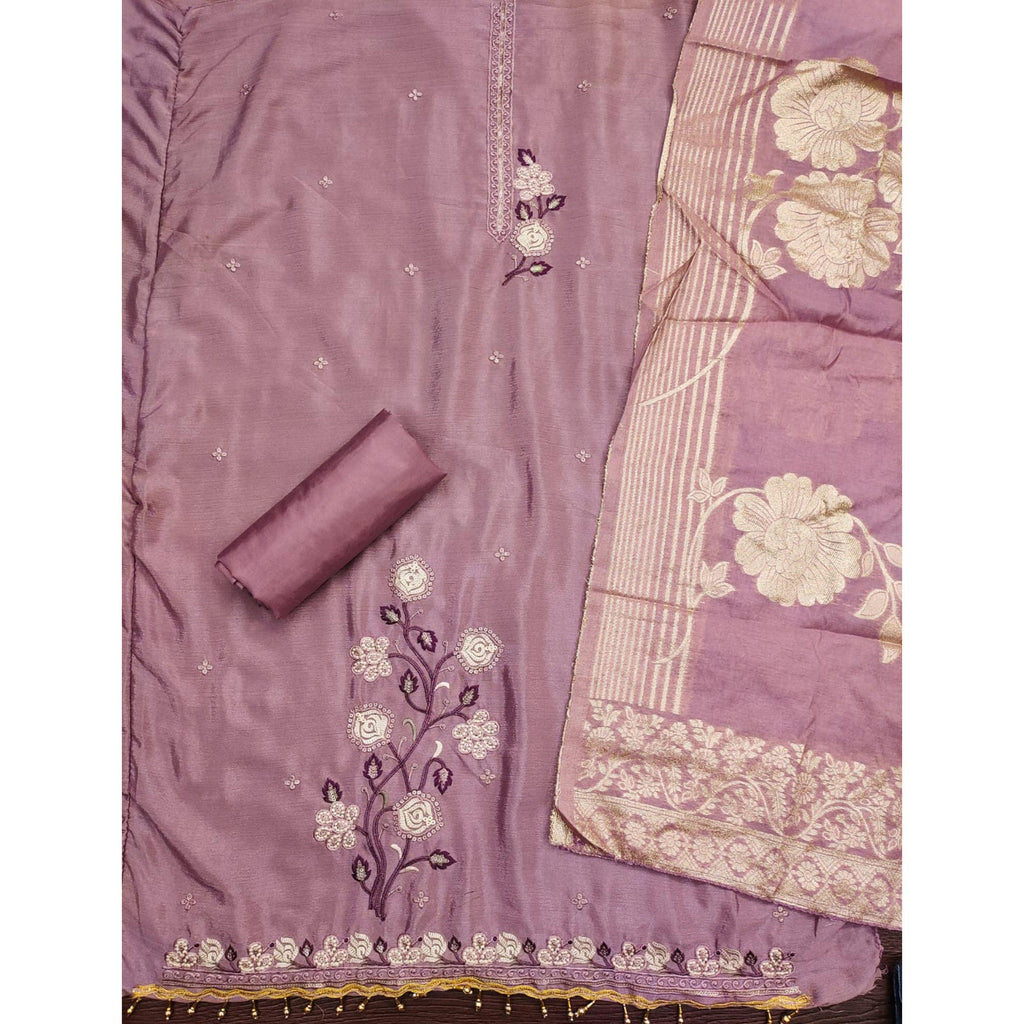 Light Mauve Floral Embroidered Chinon Silk Dress Material