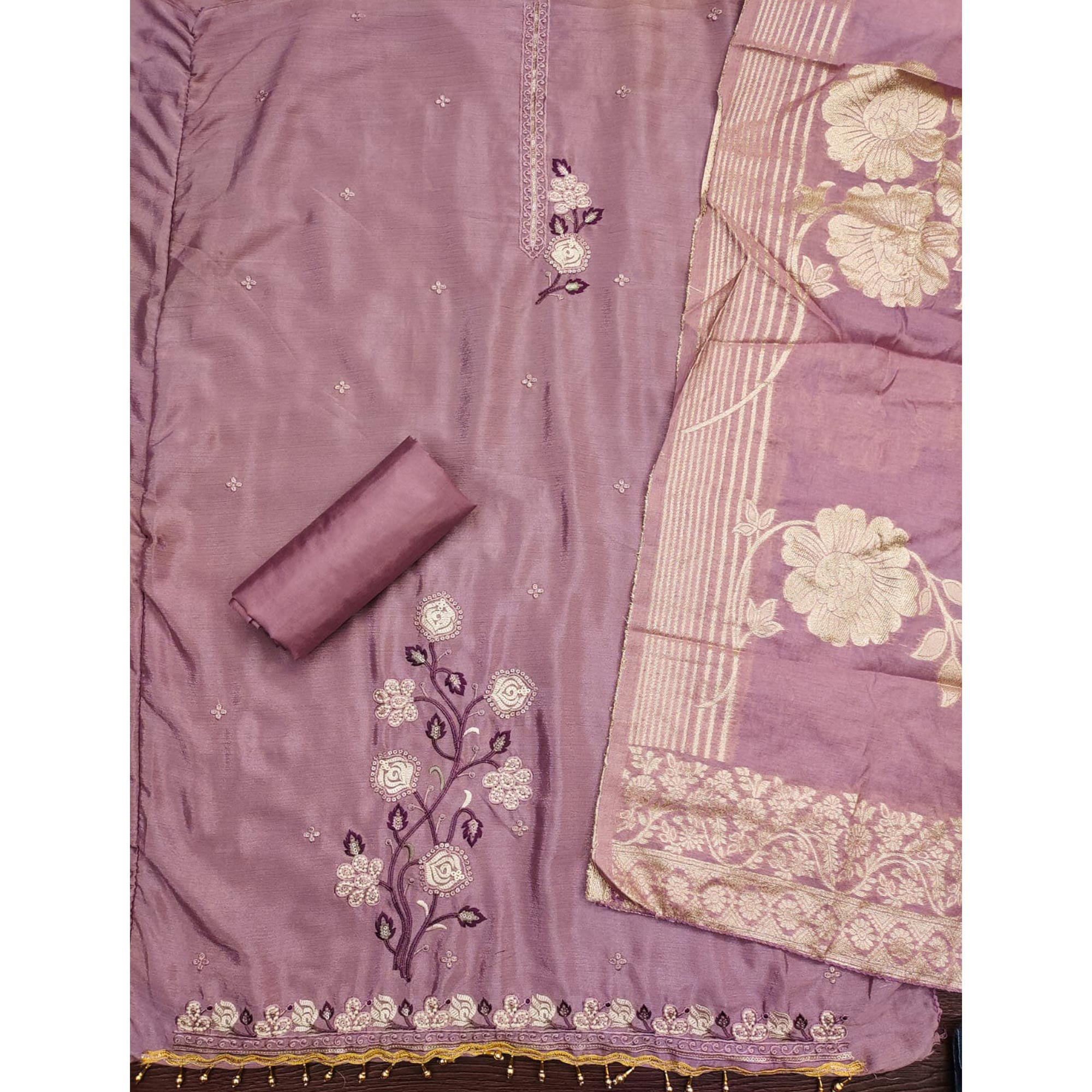 Light Mauve Floral Embroidered Chinon Silk Dress Material