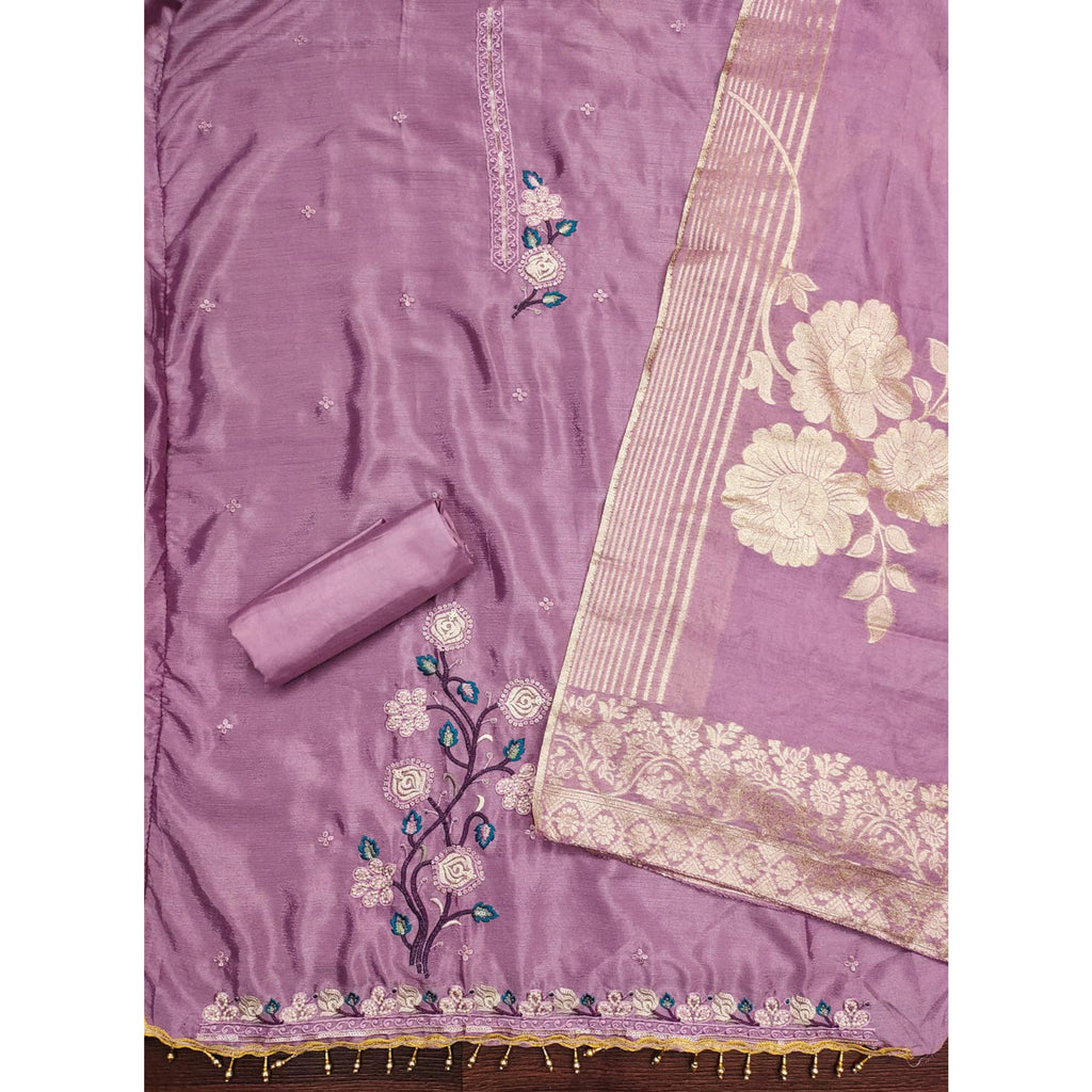 Lilac Purple Floral Embroidered Chinon Silk Dress Material
