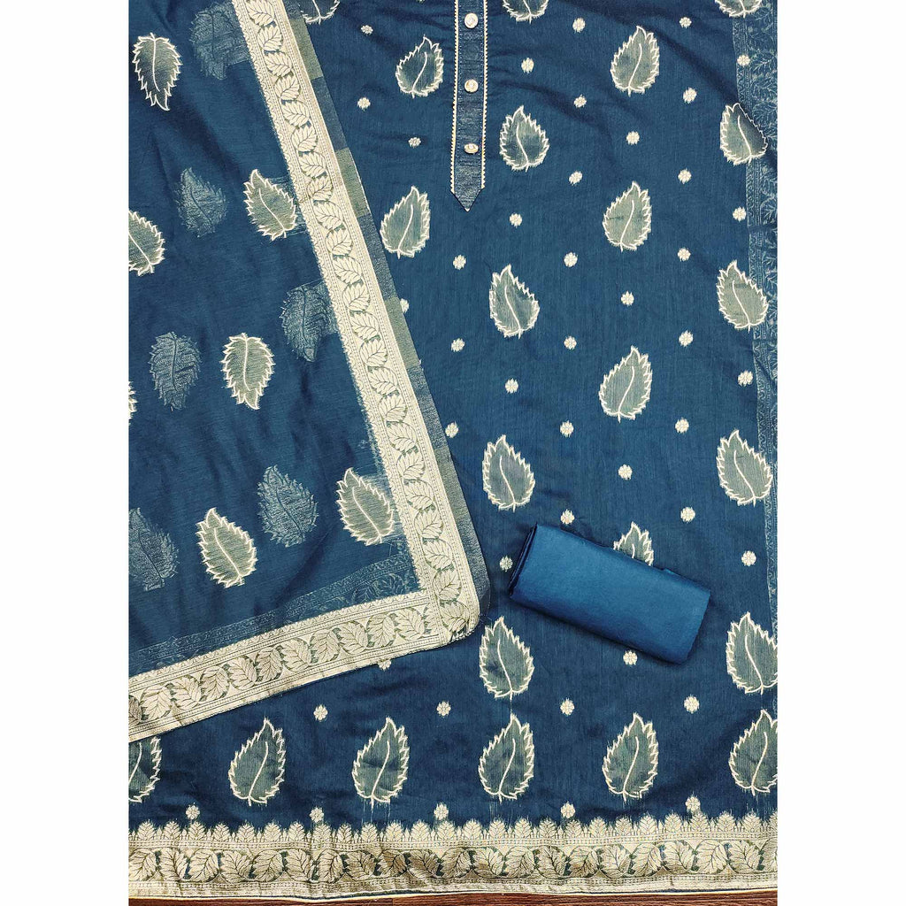 Blue Floral Woven Shimmer Jacquard Dress Material
