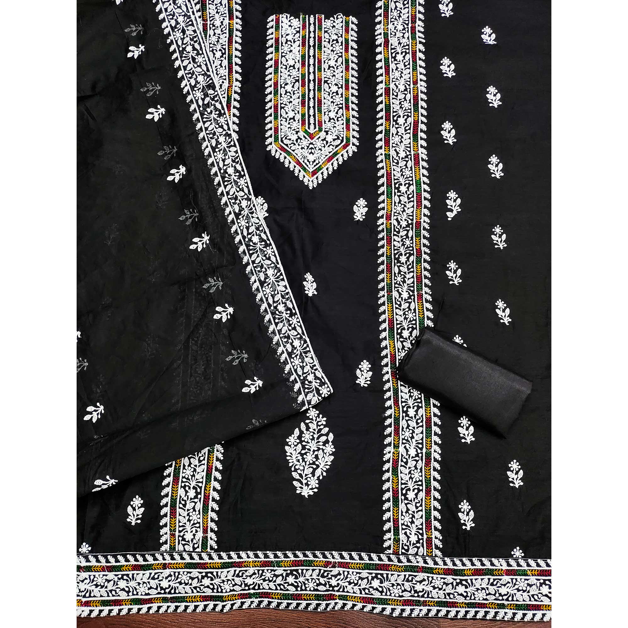 Black Floral Embroidered Modal Chanderi Silk Dress Material