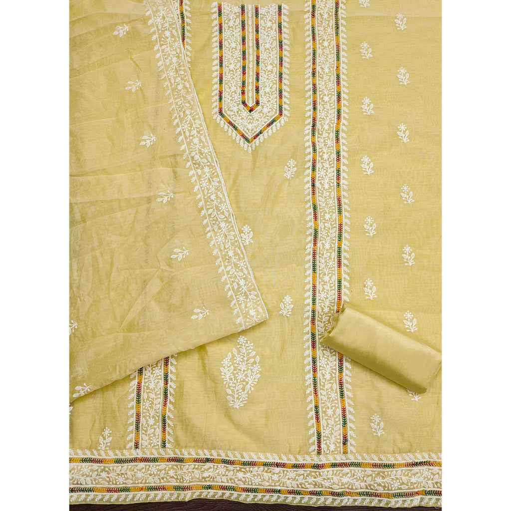 Light Yellow Floral Embroidered Modal Chanderi Silk Dress Material