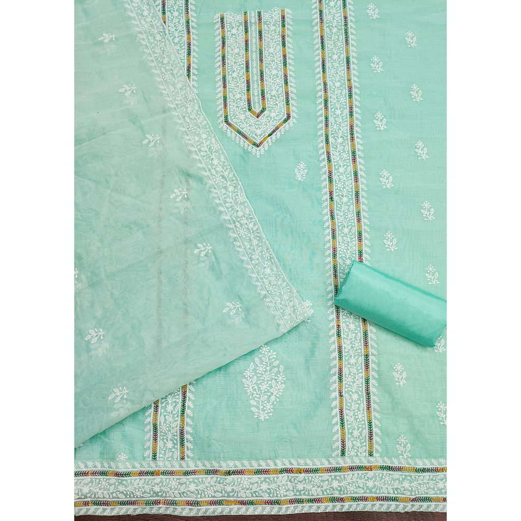 Light Turquoise Floral Embroidered Modal Chanderi Silk Dress Material