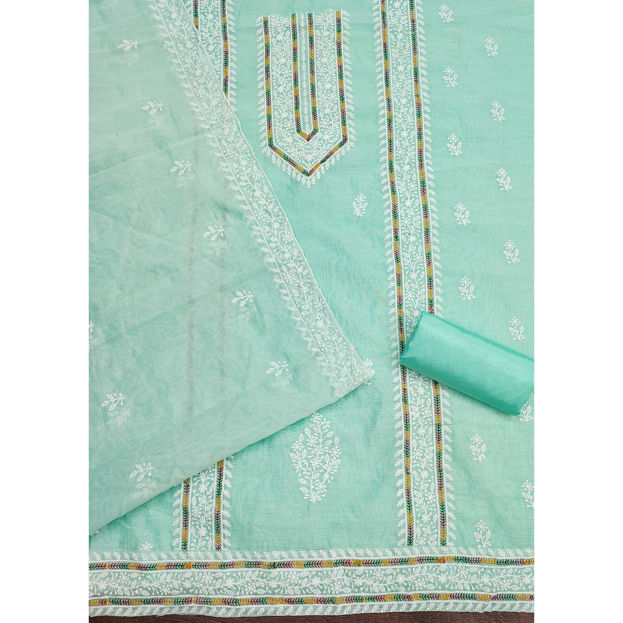 Light Turquoise Floral Embroidered Modal Chanderi Silk Dress Material