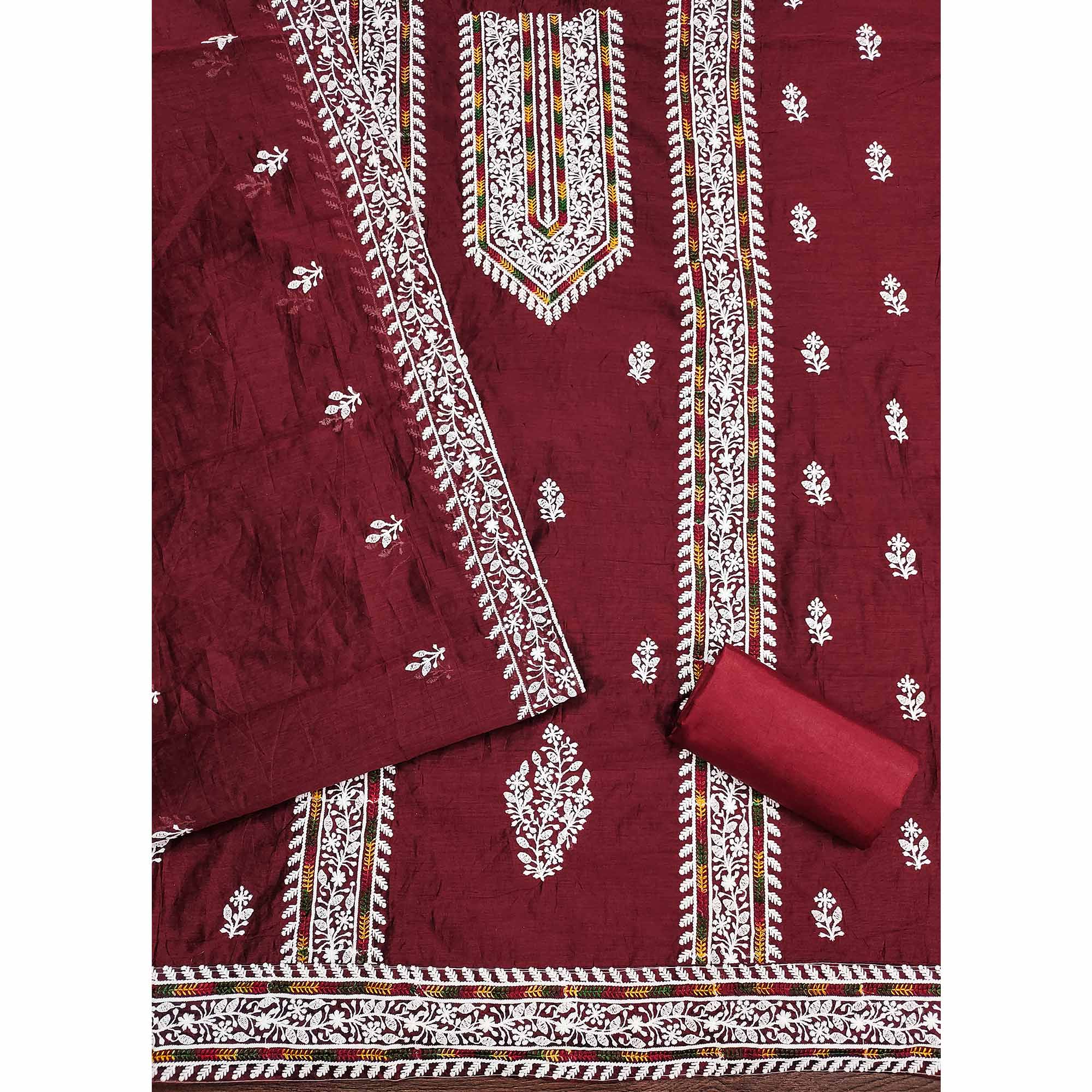 Maroon Floral Embroidered Modal Chanderi Silk Dress Material