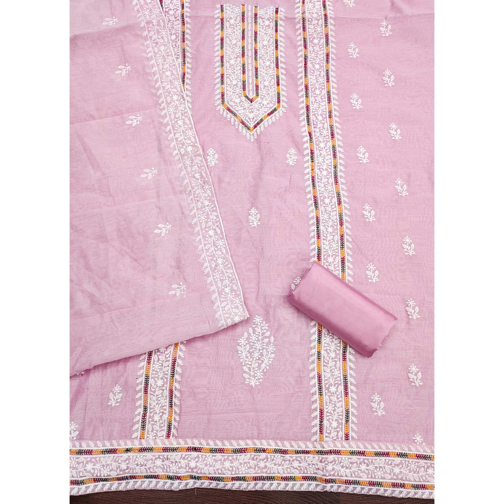Pink Floral Embroidered Modal Chanderi Silk Dress Material