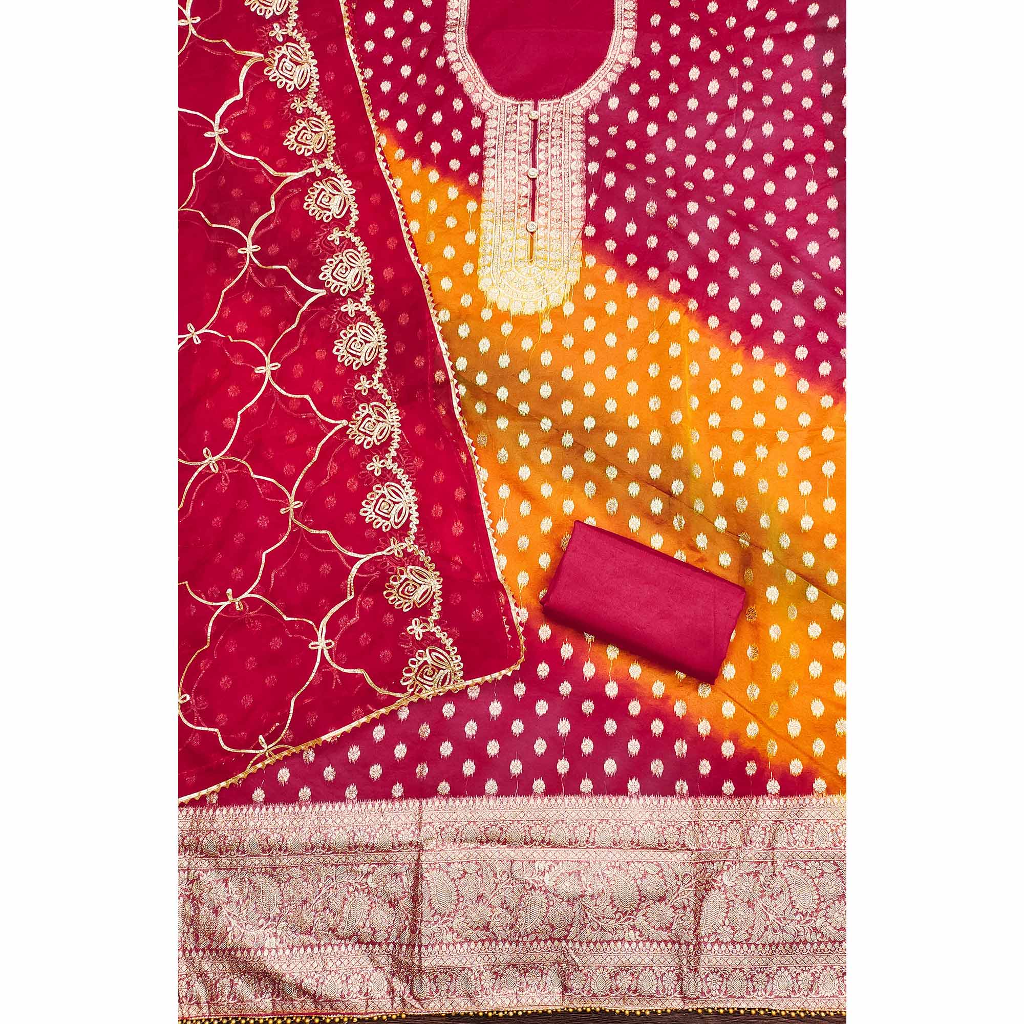 Cherry Red Floral Woven Organza Jacquard Dress Material