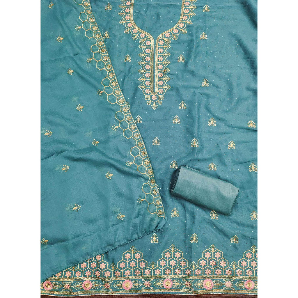 Blue Floral Embroidered Georgette Dress Material
