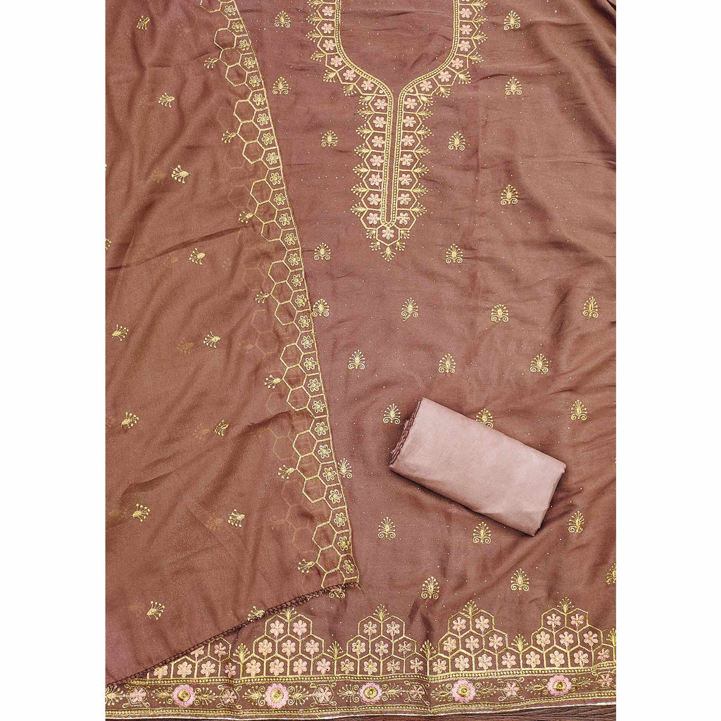 Brown Floral Embroidered Georgette Dress Material