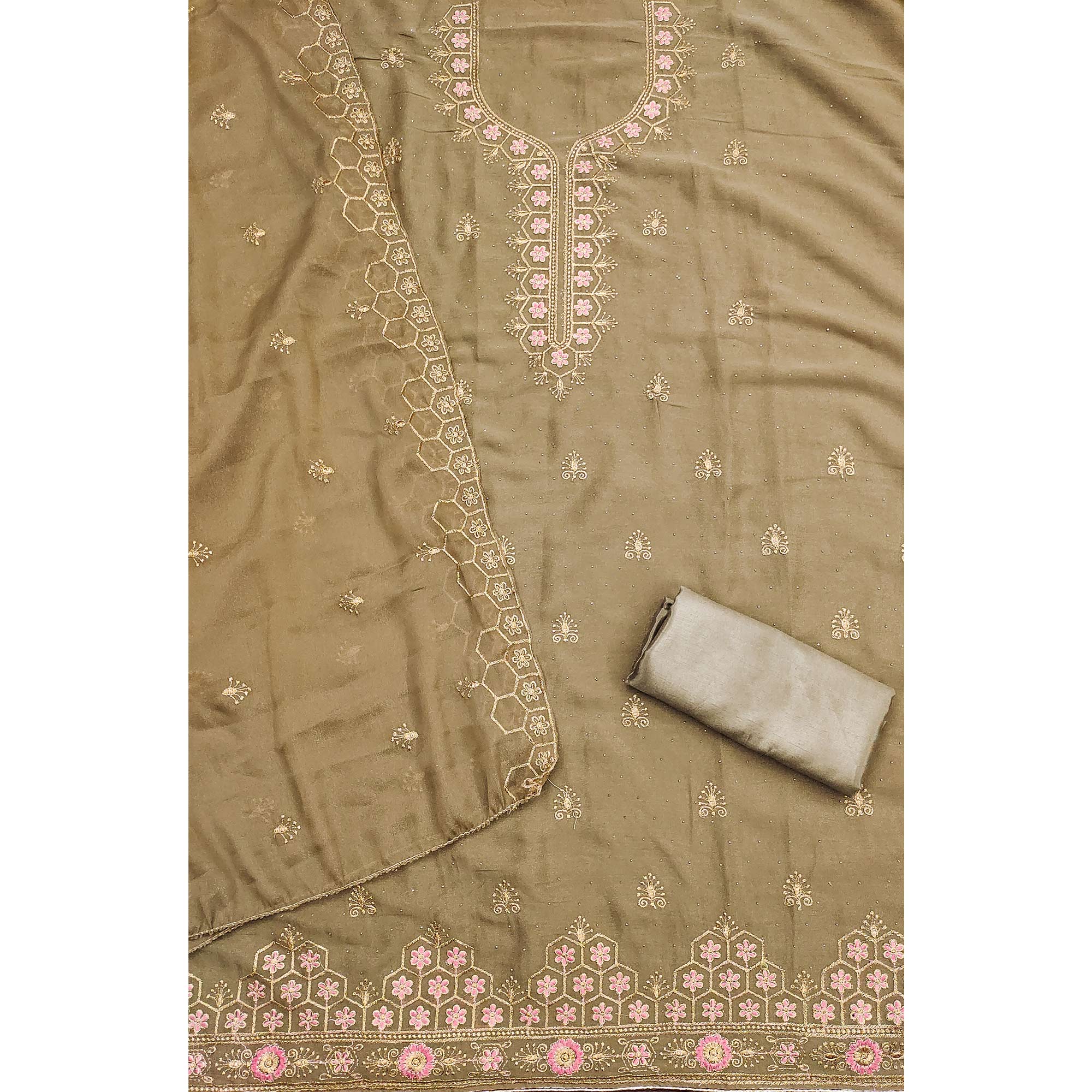 Chikoo Floral Embroidered Georgette Dress Material