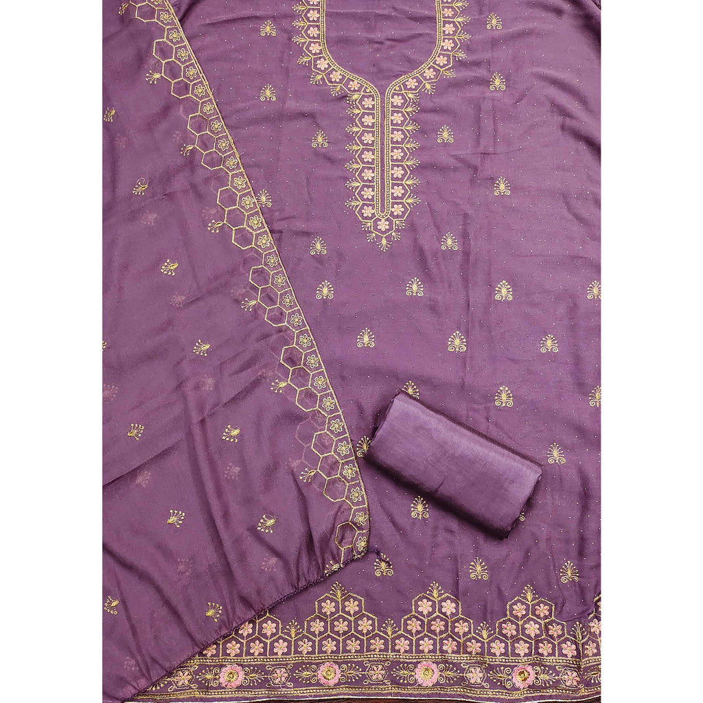 Lavender Floral Embroidered Georgette Dress Material