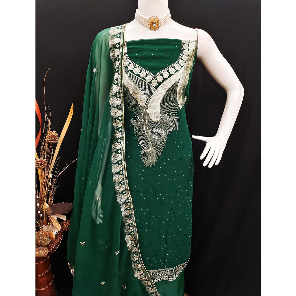 Green Embroidered With Swarovski Work Georgette Dress Material