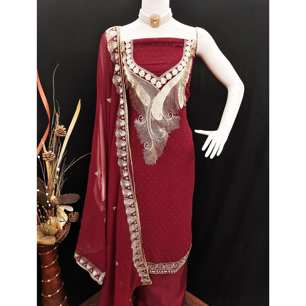 Maroon Embroidered With Swarovski Work Georgette Dress Material