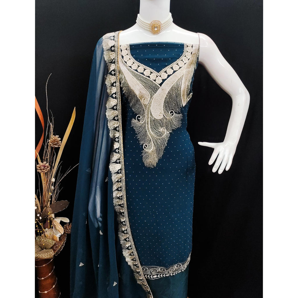 Morpich Blue Embroidered With Swarovski Work Georgette Dress Material