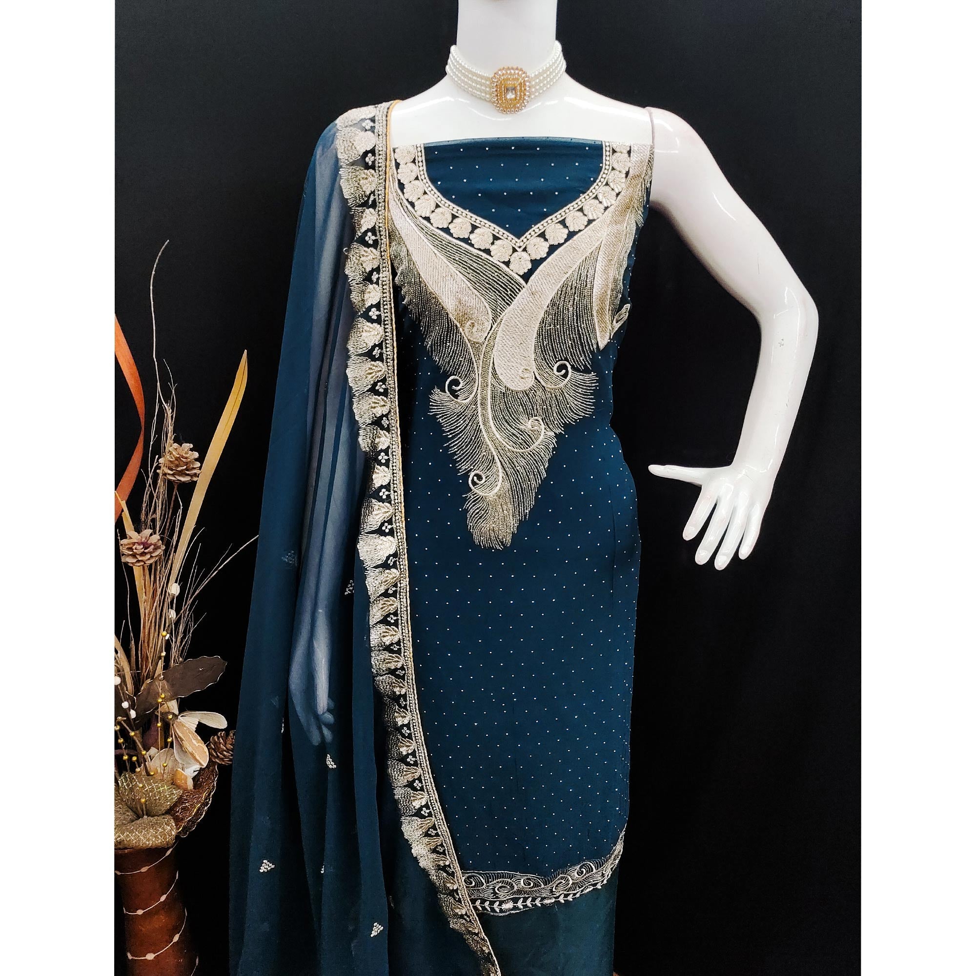 Morpich Blue Embroidered With Swarovski Work Georgette Dress Material