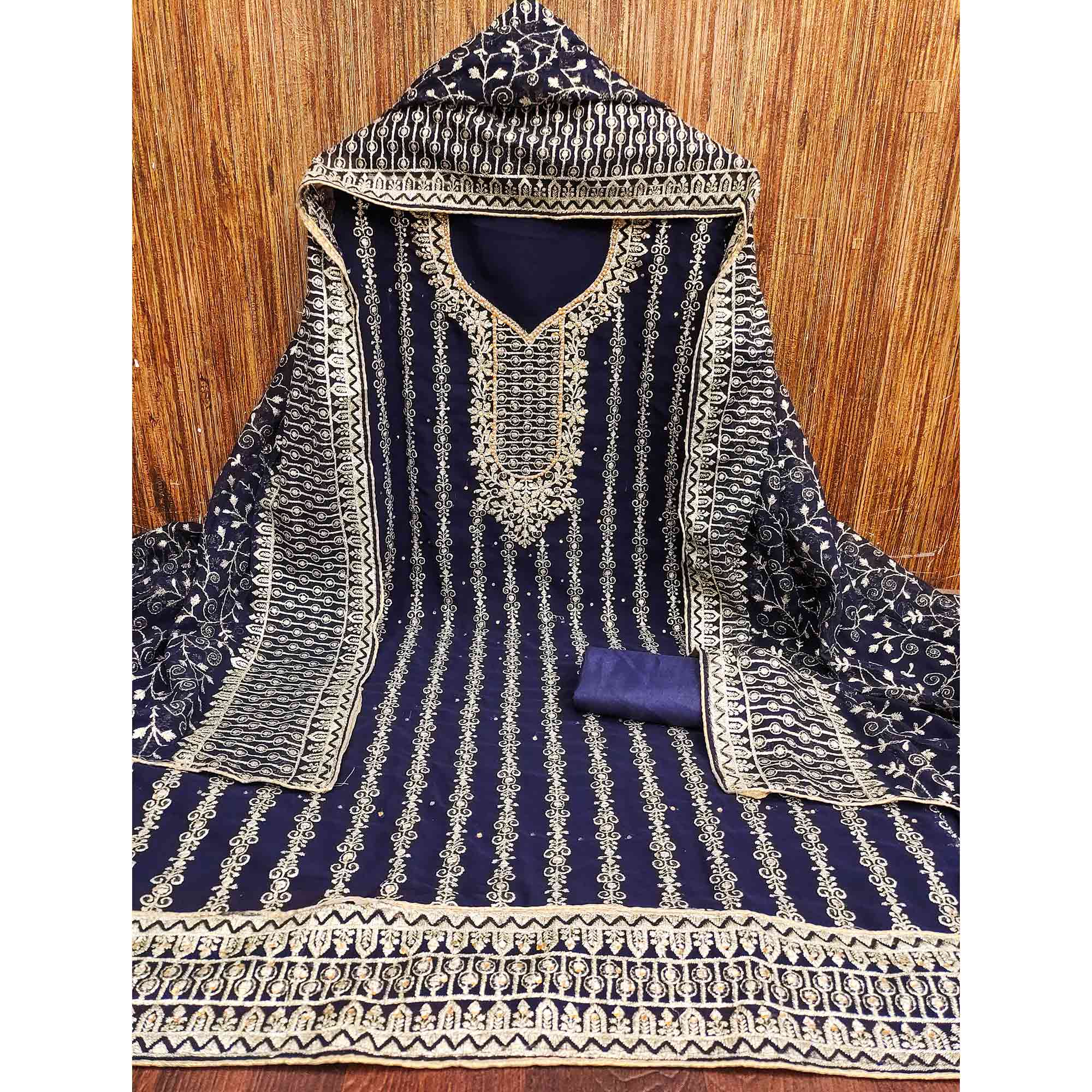 Navy Blue Floral Embroidered Georgette Dress Material