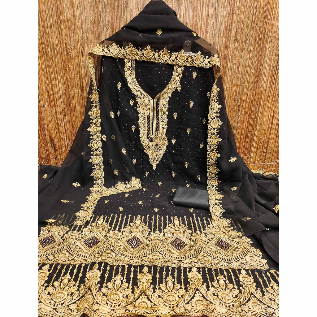 Black Embroidered With Swarovski Work Georgette Dress Material