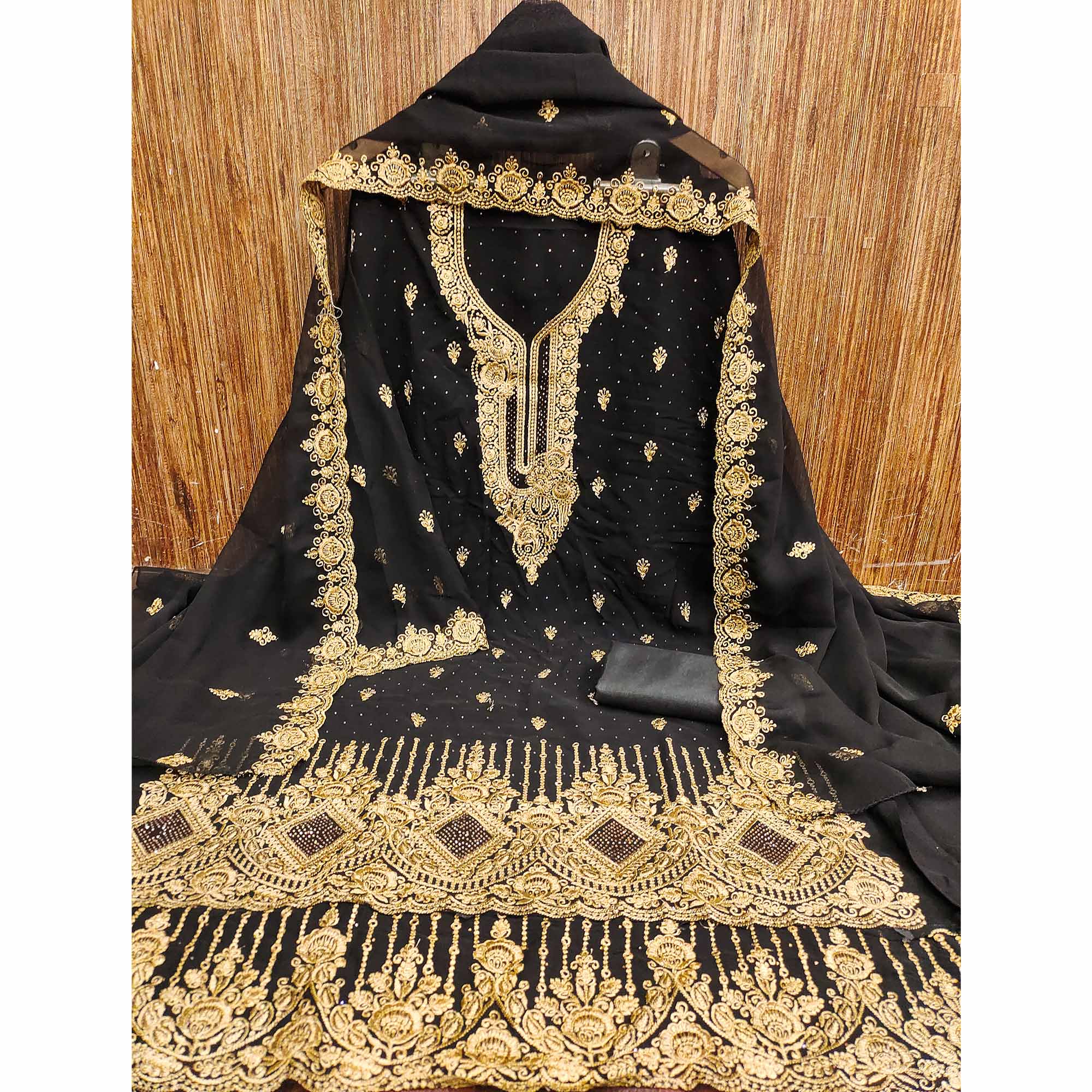 Black Embroidered With Swarovski Work Georgette Dress Material