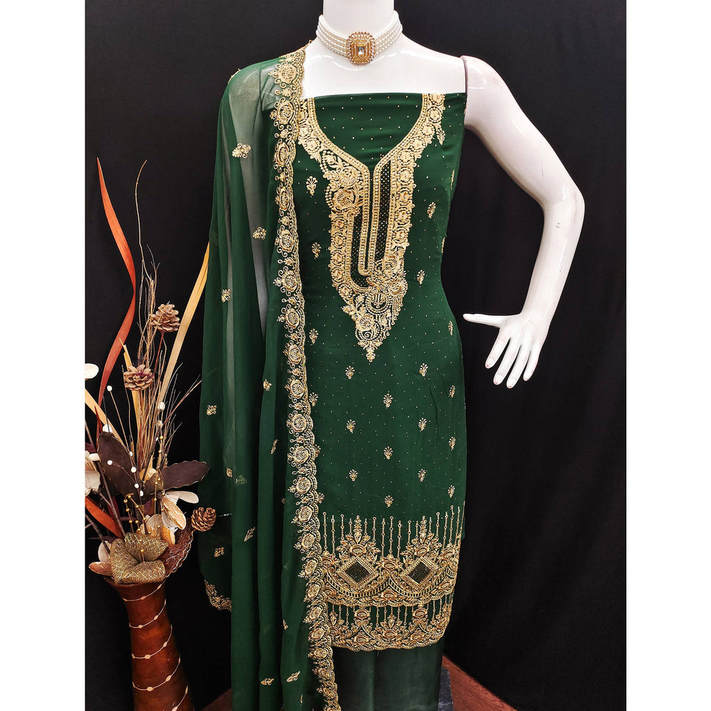 Green Embroidered With Swarovski Work Georgette Dress Material
