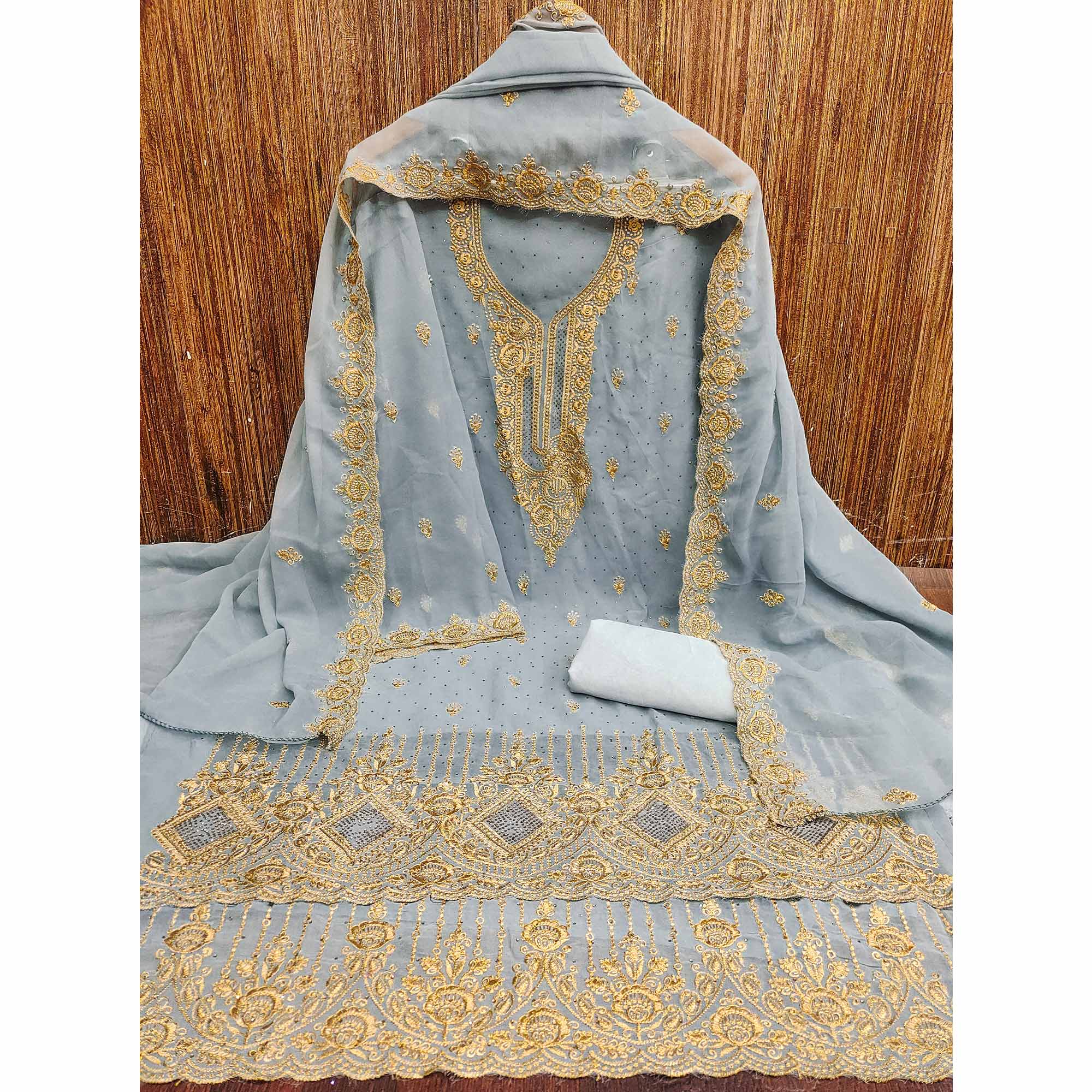 Grey Embroidered With Swarovski Work Georgette Dress Material