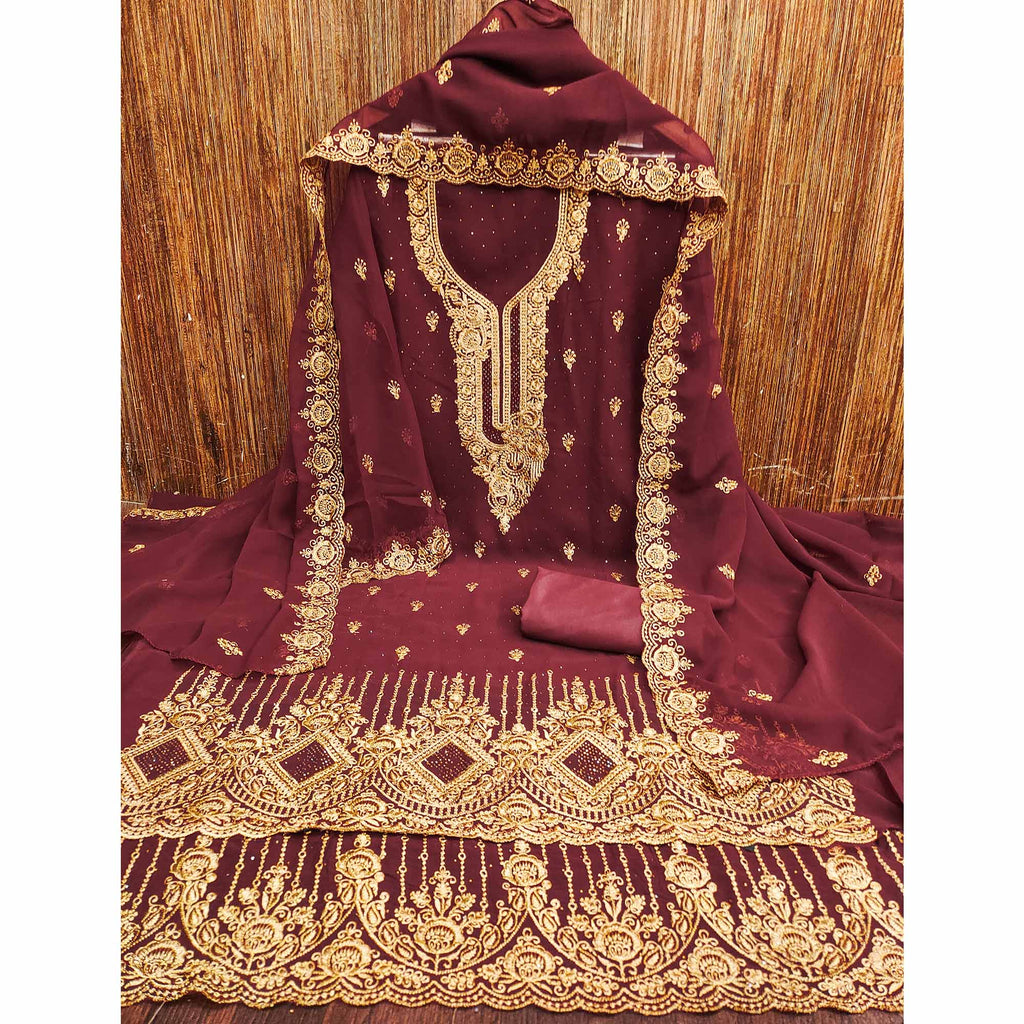 Maroon Embroidered With Swarovski Work Georgette Dress Material