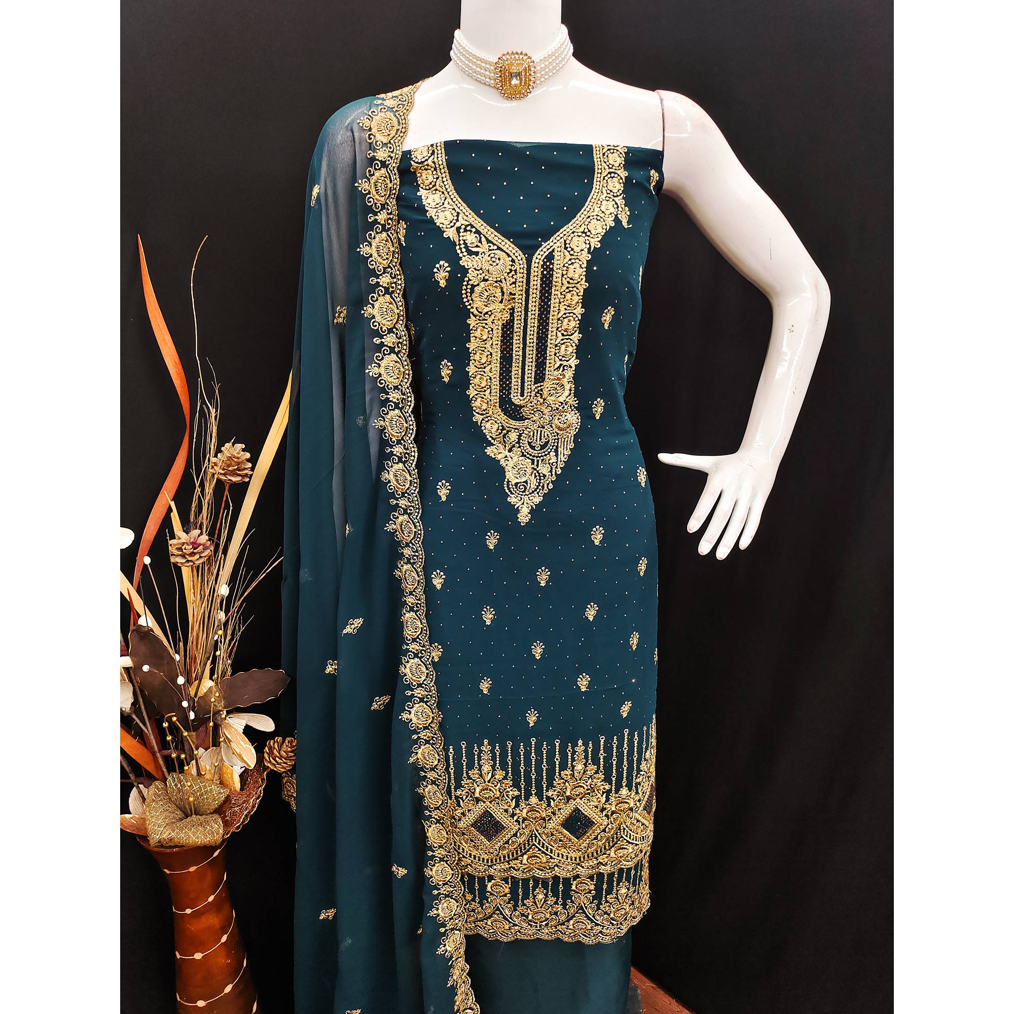 Morpich Blue Embroidered With Swarovski Work Georgette Dress Material