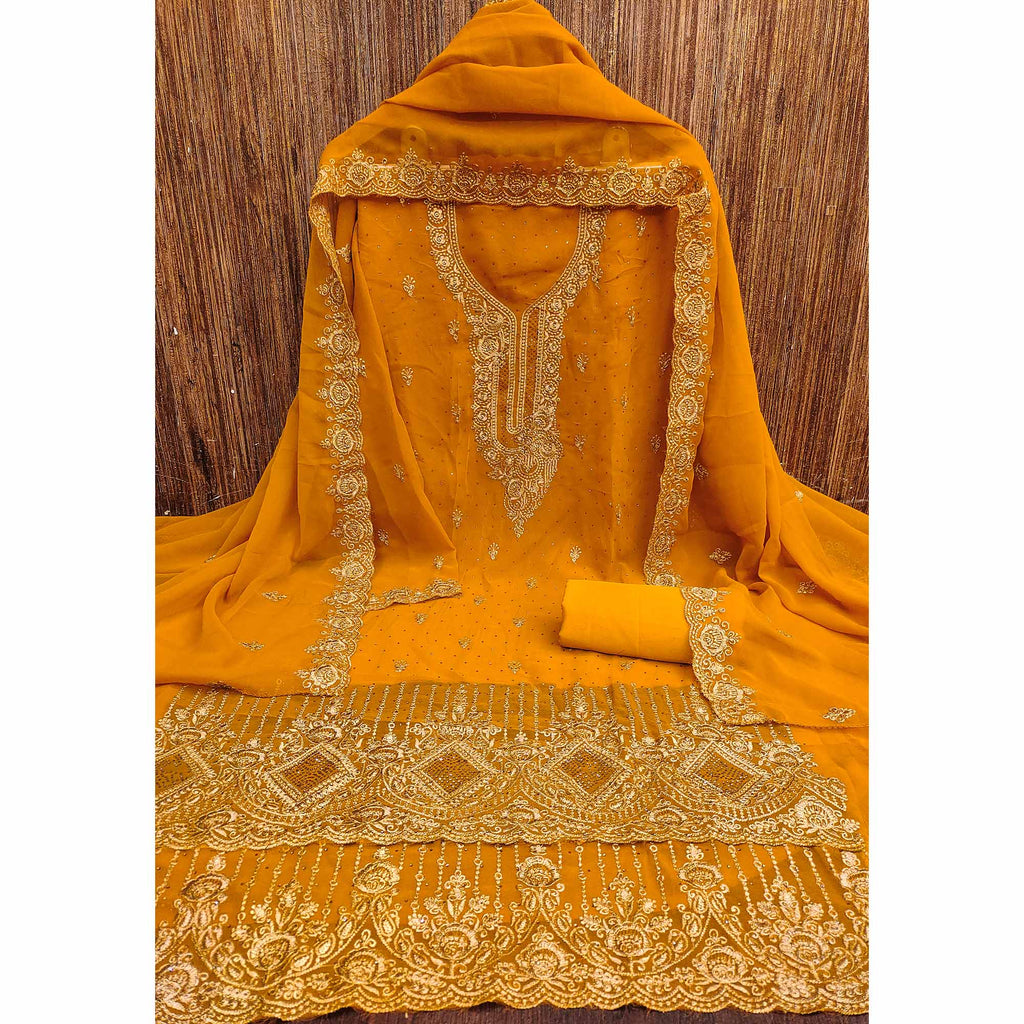 Mustard Embroidered With Swarovski Work Georgette Dress Material