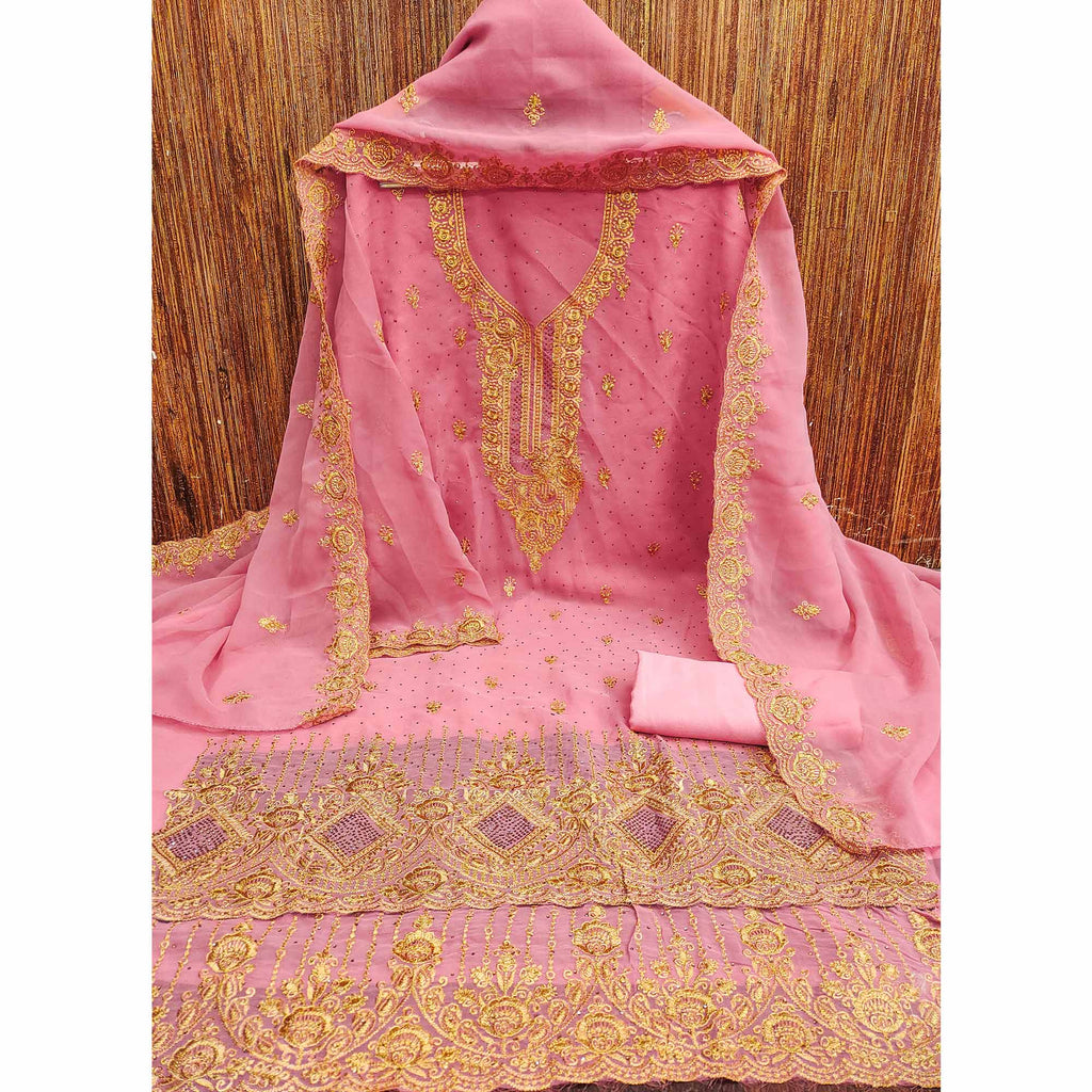 Pink Embroidered With Swarovski Work Georgette Dress Material
