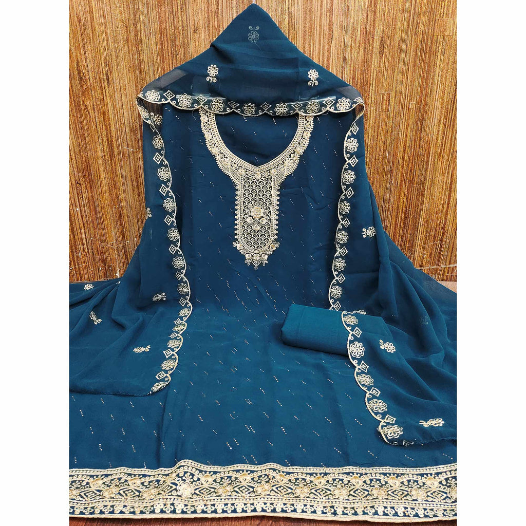 Blue Floral Embroidered With Swarovski Work Georgette Dress Material