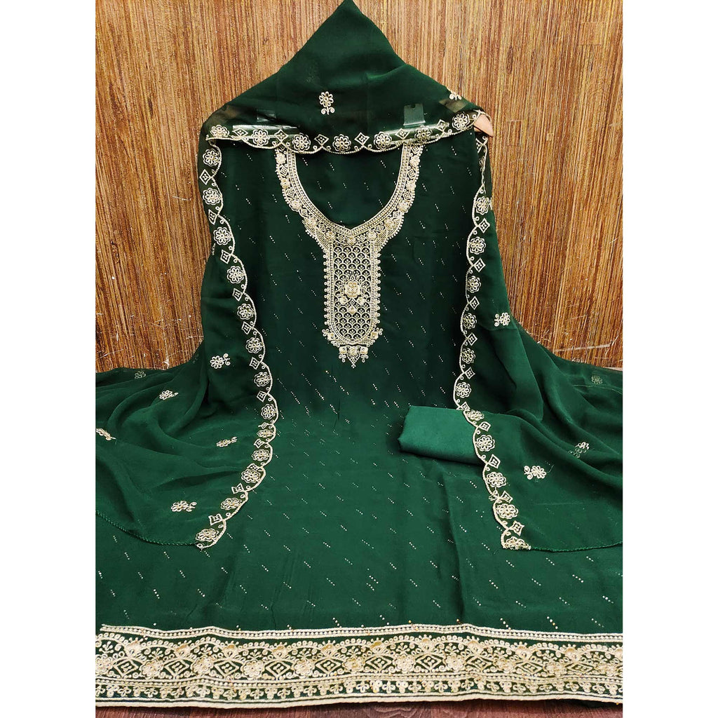 Green Floral Embroidered With Swarovski Work Georgette Dress Material