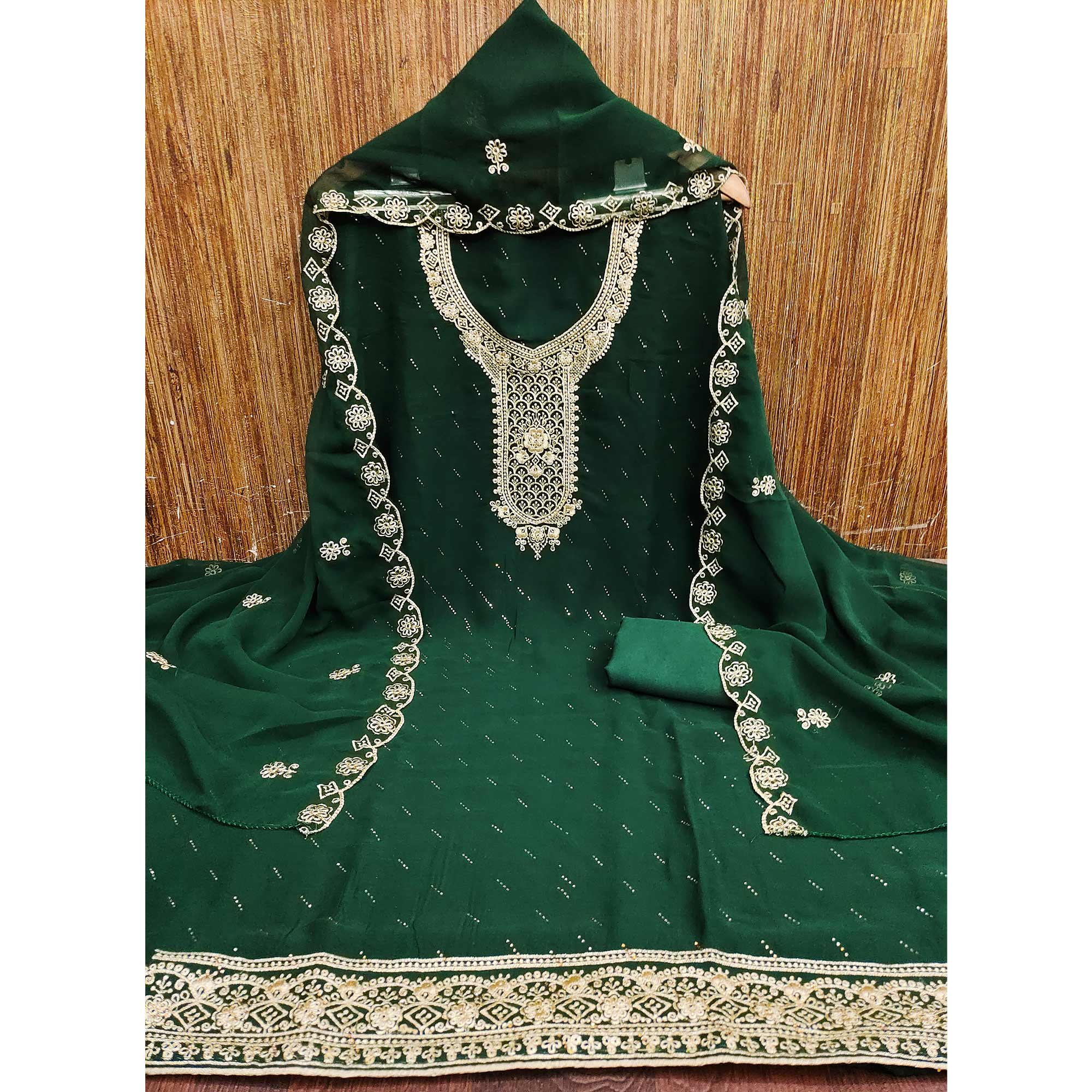 Green Floral Embroidered With Swarovski Work Georgette Dress Material