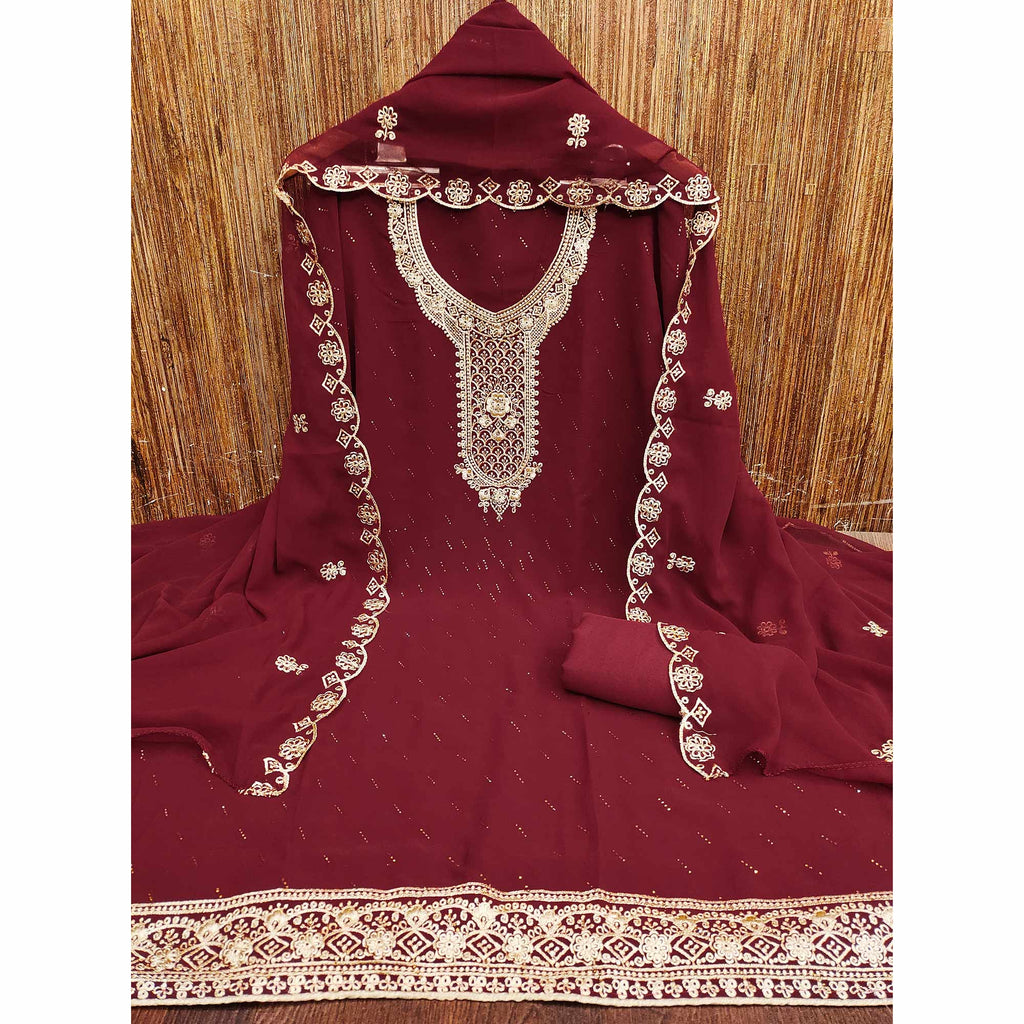 Maroon Floral Embroidered With Swarovski Work Georgette Dress Material