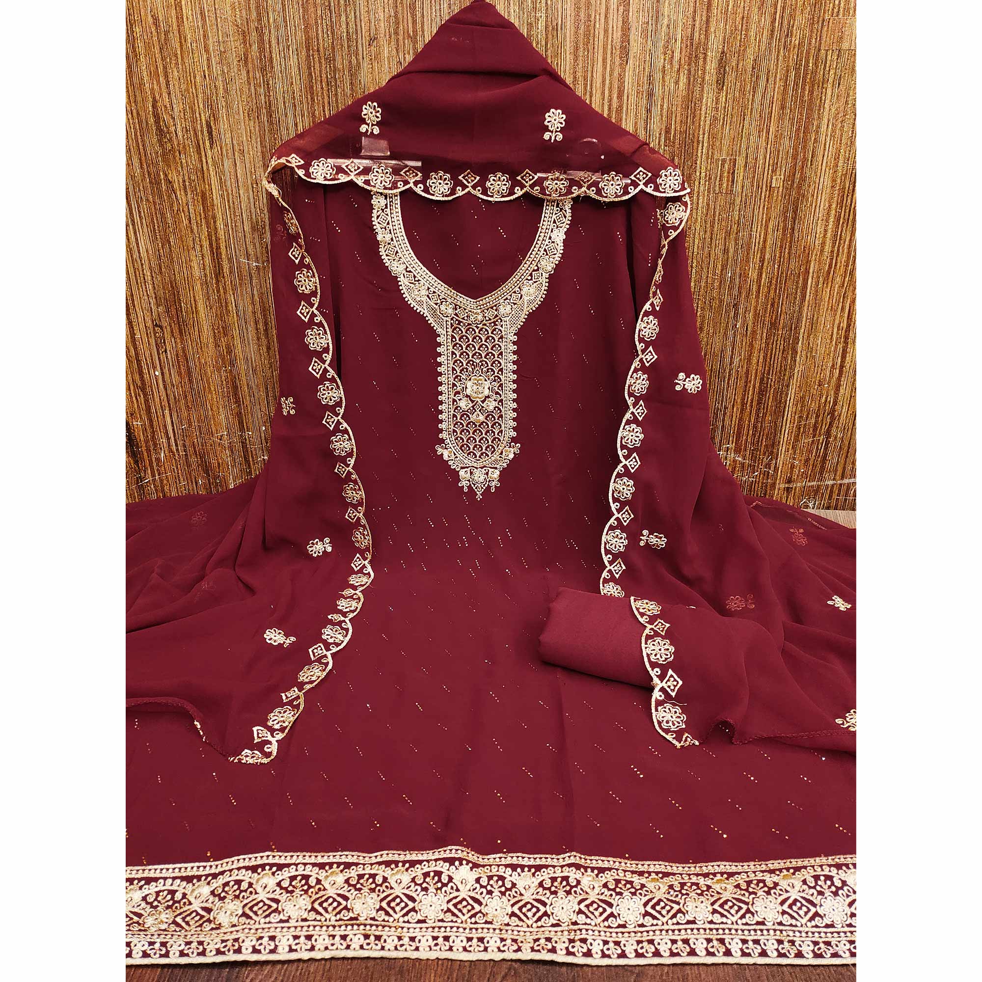 Maroon Floral Embroidered With Swarovski Work Georgette Dress Material